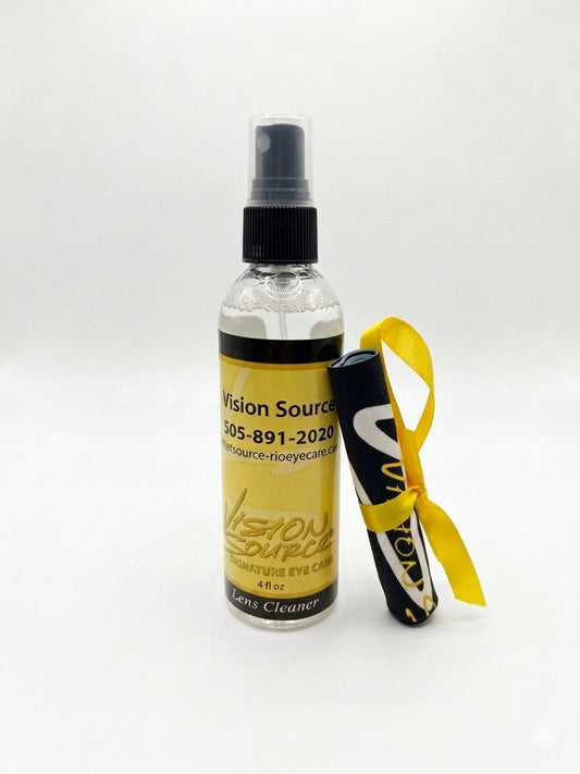 Bottle of Vision Source Rio Lens Cloth and Cleaner with a yellow ribbon on a white background